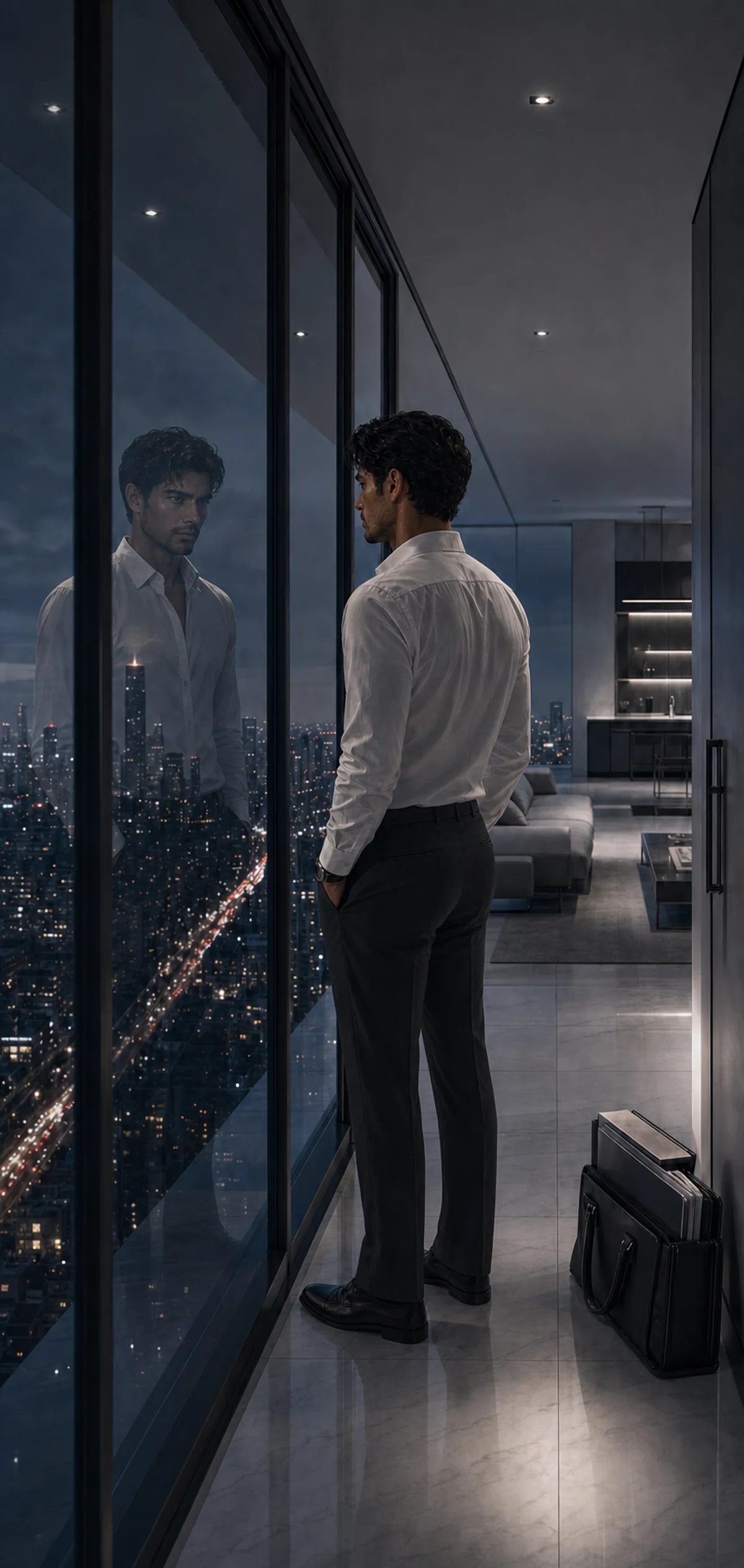 Max stands with anatomically natural posture before floor-to-ceiling glass in his cold New Jersey high-rise, facing an exhausted reflection above distant traffic lights.