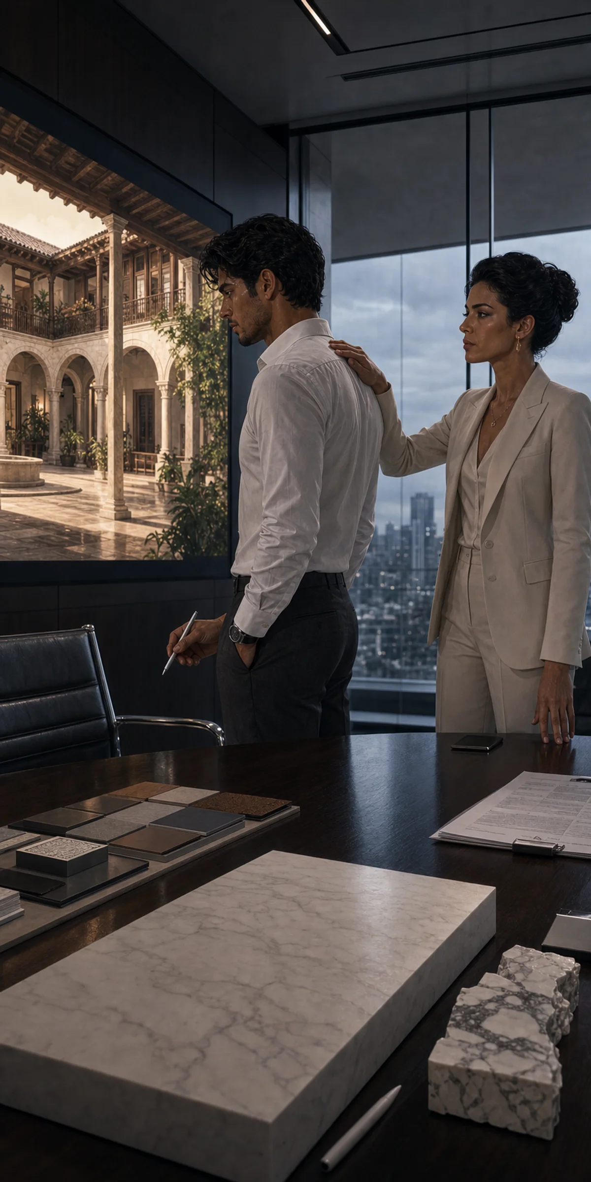 In a cold Sterling-DeLuca conference room, Catalina rests a controlling hand on the shoulder of Max while an honest courtyard rendering glows beyond false marble samples.