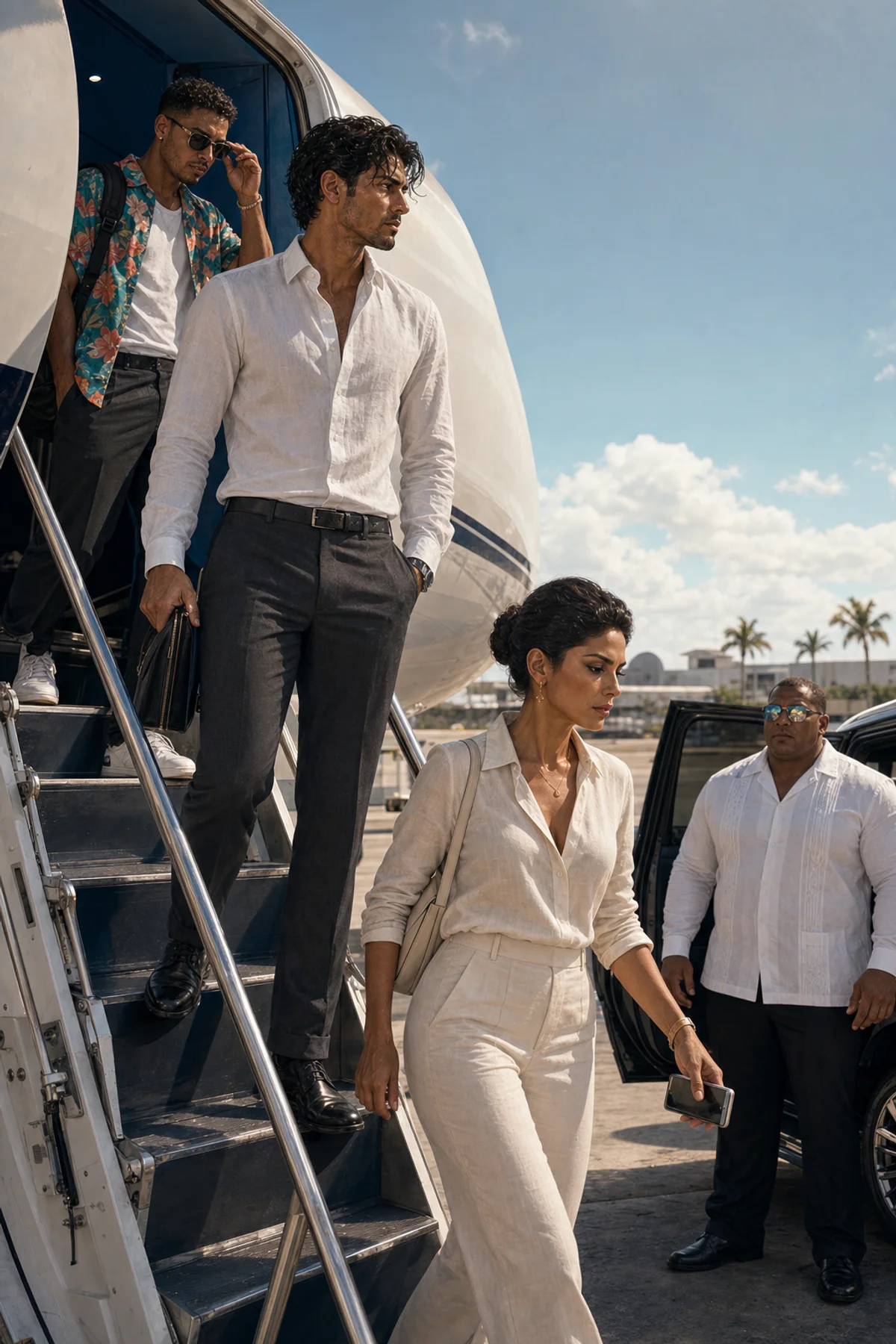 Max pauses on private-jet stairs in harsh Caribbean sun while Tony follows, Catalina strides toward a black SUV, and Bautista waits beside it.