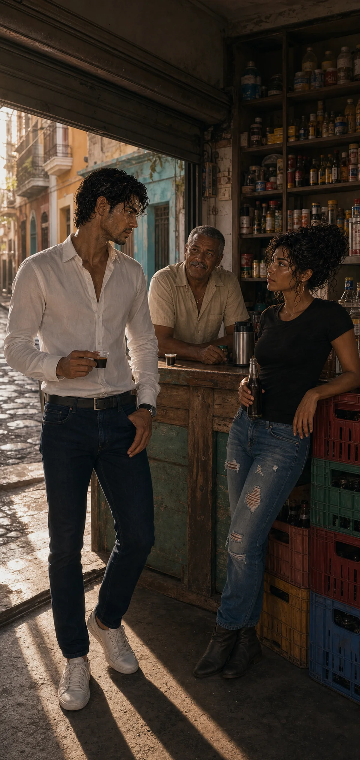 At dawn inside the colmado of Don Ramón, Max holds a tiny coffee while Sofía regards him with sharp amusement from the beverage crates and Don Ramón smiles between them.