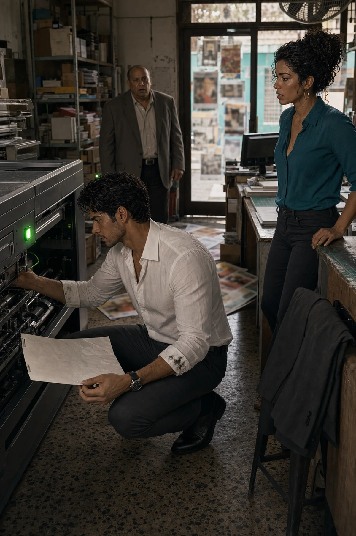 Inside Imprenta Mercedes, Max crouches at the open production printer as its light turns green, while Sofía watches in reluctant surprise and Peguero stands silenced near the door.