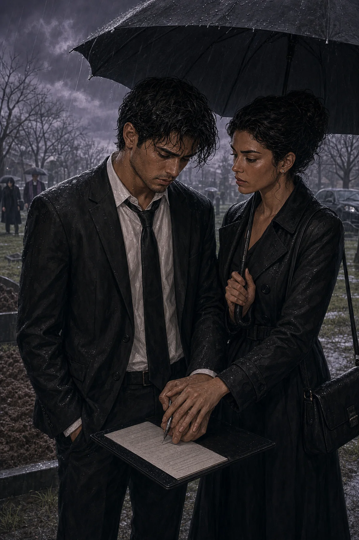 Ten years earlier in cold cemetery rain, a young Catalina shelters a grieving twenty-two-year-old Max while guiding his shaking hand toward an estate document.