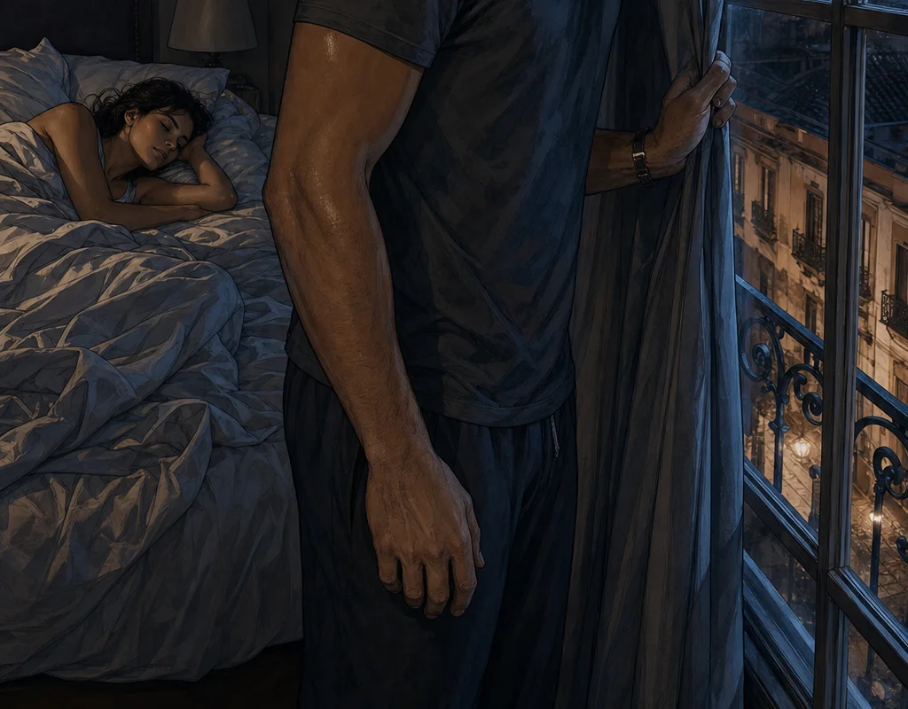 At night in the Casa del Diseñador, Max draws aside a heavy curtain and looks over the sleeping Zona Colonial while Catalina rests on the four-poster bed behind him.