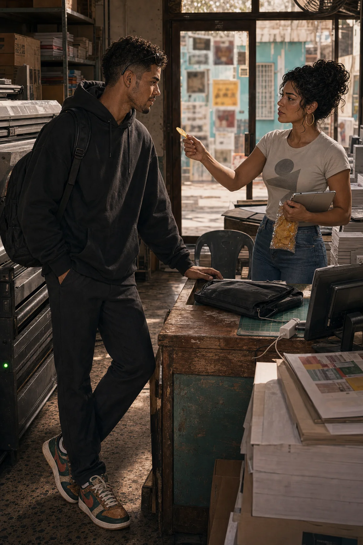 Inside Imprenta Mercedes, Yulissa points a plantain chip at Tony while judging him with sharp amusement, as he leans against the worn counter in a dark hoodie and backpack.