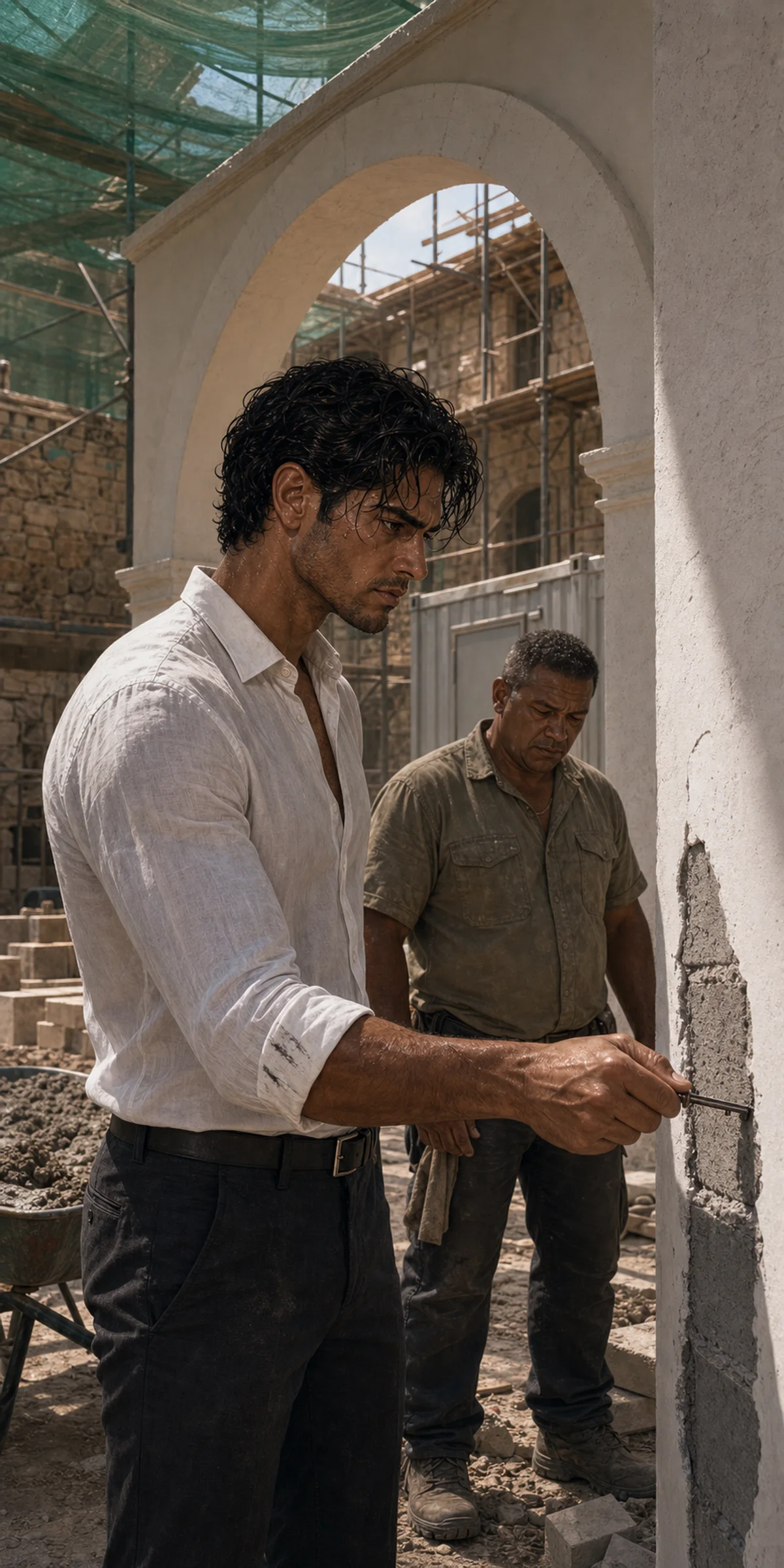 At the Hotel San Nicolás construction site, Max scrapes a perfect white arch with a key to expose gray cinder block while Raúl looks down behind him.