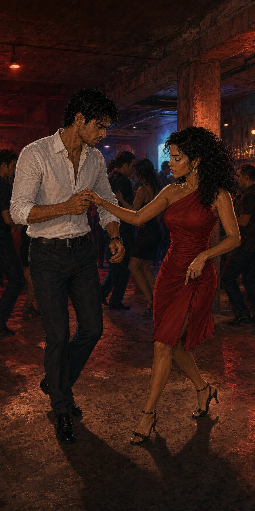 On a red-lit bachata floor at La Cueva, Sofía in a red dress guides a visibly tentative Max through his first steps while dancers move around them.