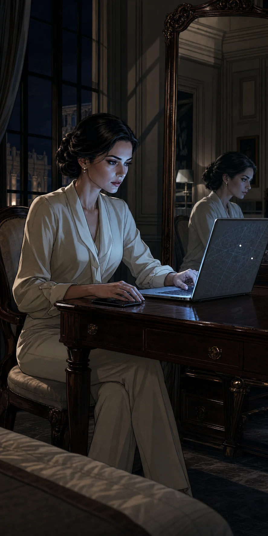 Alone in a dark historic suite, Catalina works in cold laptop light at an antique desk while a mirror repeats her controlled profile and a phone rests beneath her hand.