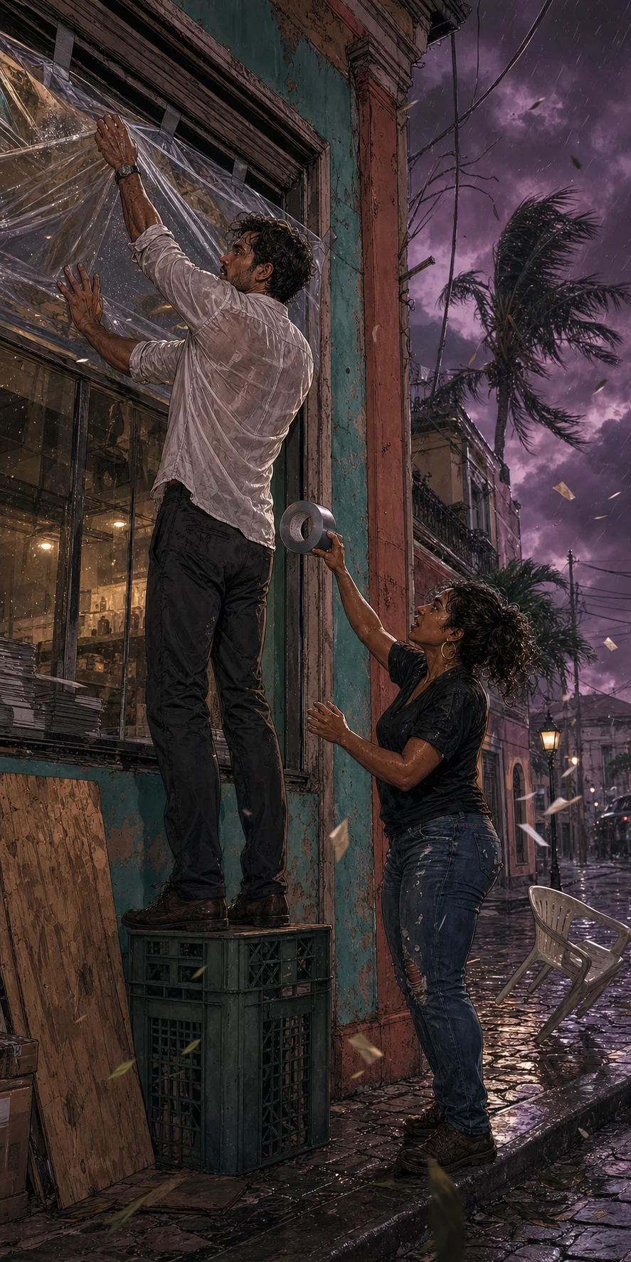 Under a bruised purple hurricane sky on Calle Sánchez, Max secures plastic over the print-shop windows from a crate while Sofía reaches up with duct tape as the first hard rain arrives.