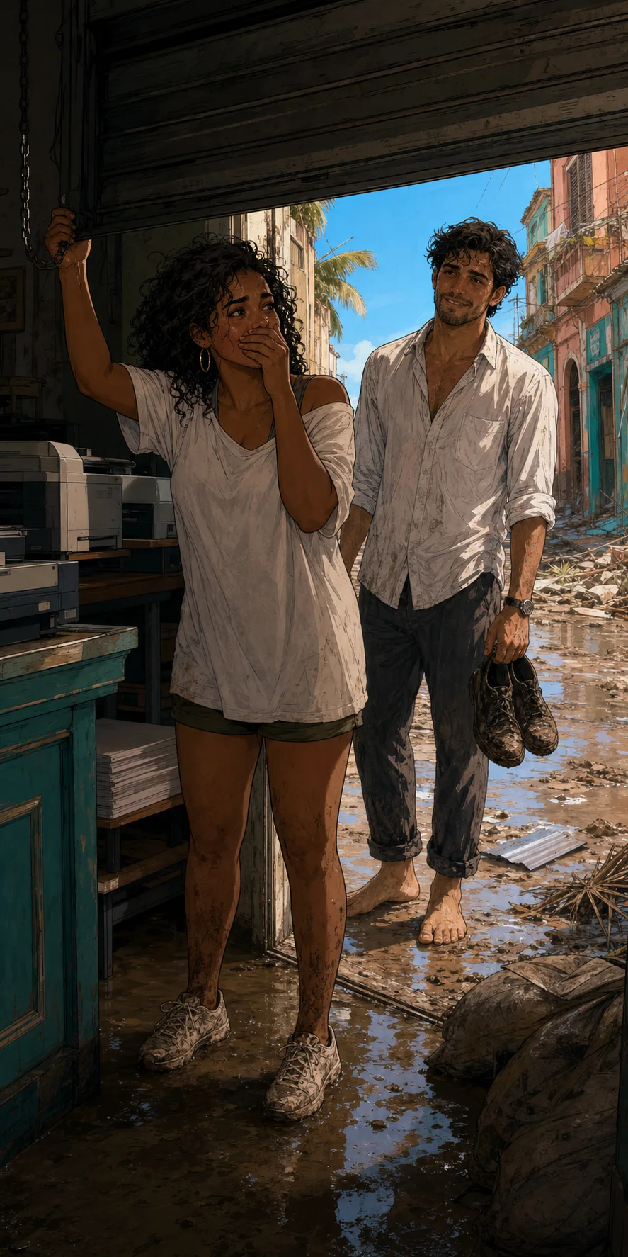 Sofía lifts the battered print-shop shutter and covers her mouth in relief at the dry raised printers while barefoot Max smiles from the bright, mud-coated Calle Sánchez doorway holding his shoes.