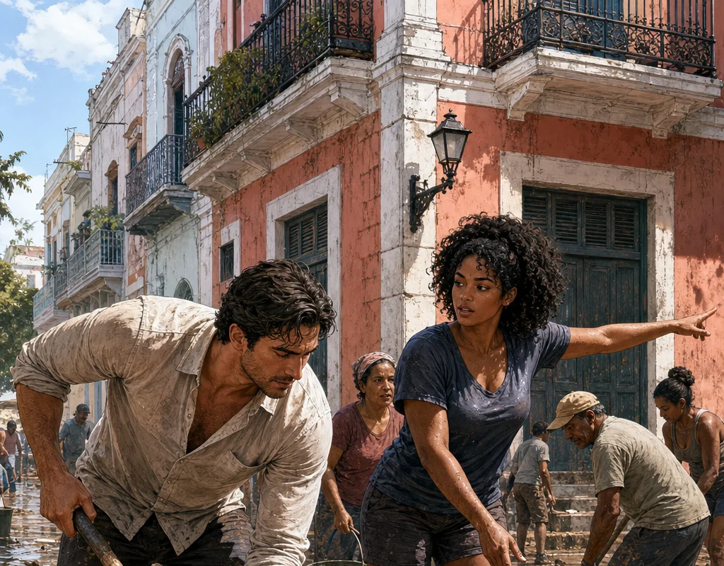 On a bright post-hurricane morning in the Zona Colonial, Max shovels mud from a clogged drain while Sofía directs neighbors clearing the flooded street.