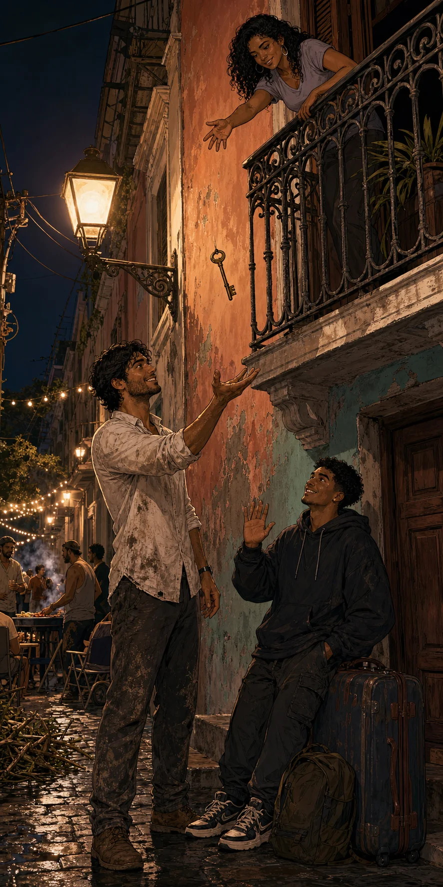 On warmly lit Calle Sánchez, Sofía tosses a brass apartment key from the iron balcony toward Max's open hand while Tony waves beside an overstuffed suitcase and backpack.
