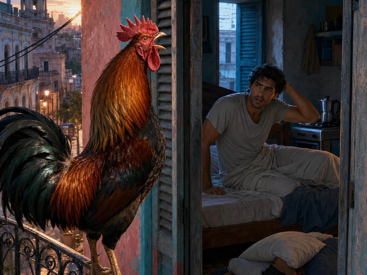 At predawn in Apartment 4B, a proud Dominican rooster crows from the neighboring iron balcony while sleep-rumpled Max jolts awake and Tony hides beneath a pillow.