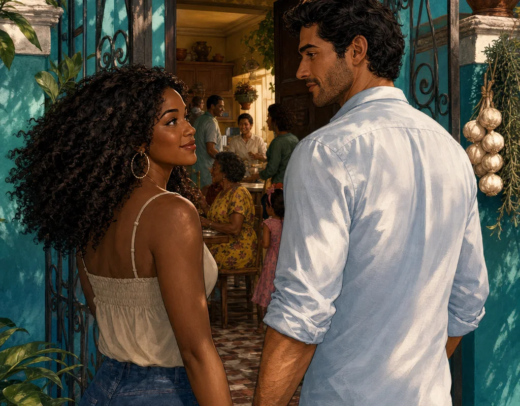 At the open gate of Doña Tata's turquoise house in Los Prados, Sofía and Max hold hands and share a knowing look before entering the lively family gathering.