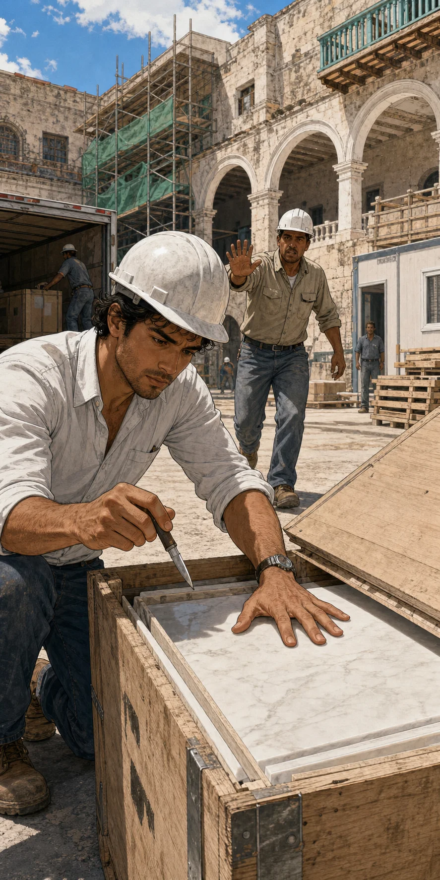 At the sunlit Hotel San Nicolás worksite, hard-hatted Max tests a glossy white composite slab inside an opened wooden delivery crate while a supervisor hurries toward him.