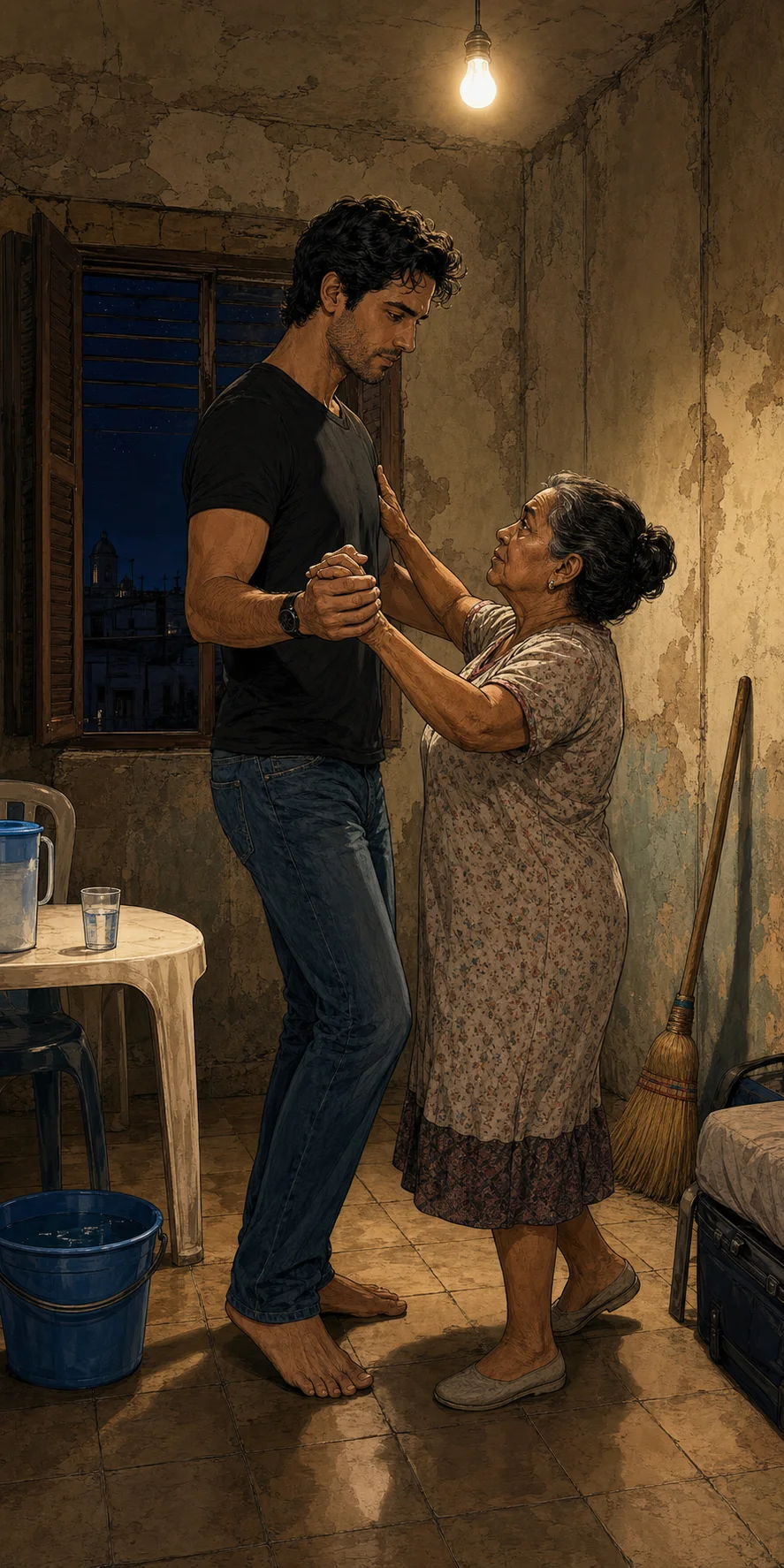 Under a bare bulb in sparse apartment 4B, tiny Doña Carmen corrects tall Max's bachata frame beside a plastic table, blue water bucket, and broom.