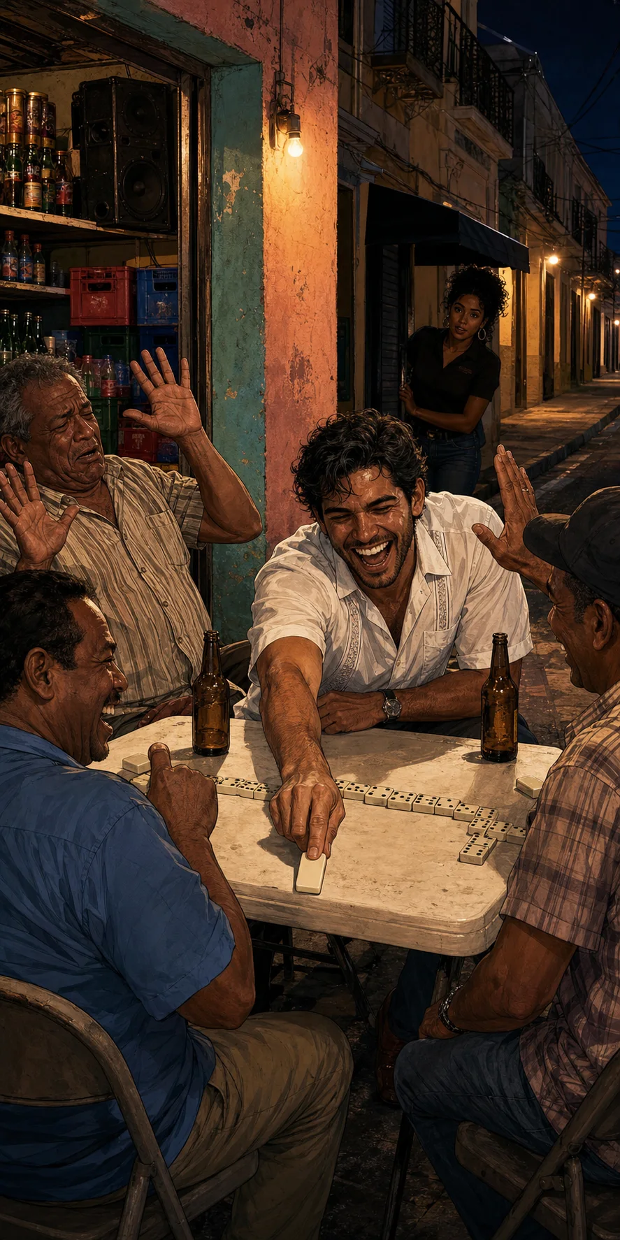 At a warm neighborhood colmado domino table, Max joyfully slams down the double blank as three older Dominican regulars react and Sofia watches in startled admiration from the edge of the evening crowd.