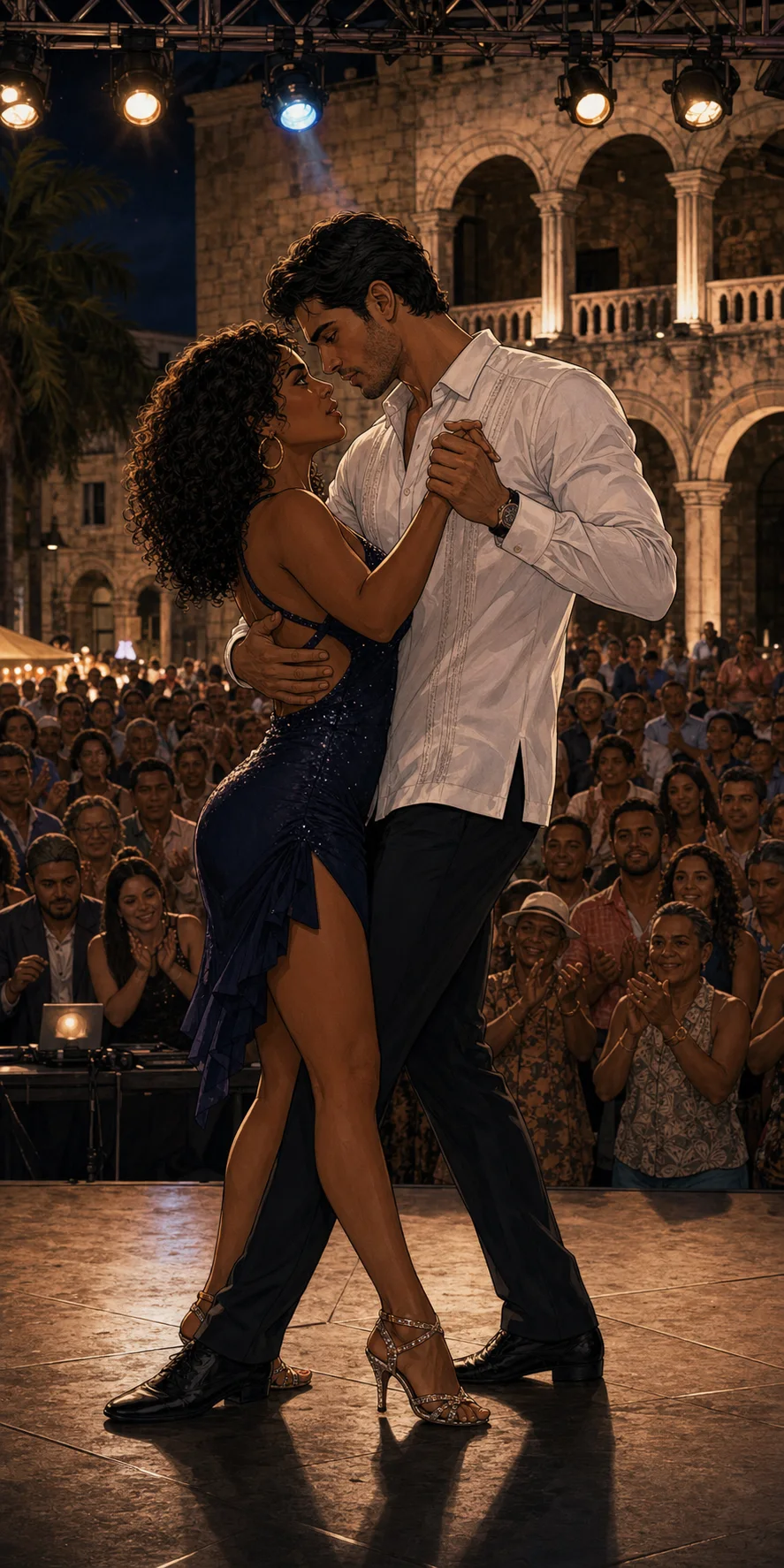On the festival stage at Plaza Espana, Max and Sofia hold a grounded full-body bachata frame beneath warm spotlights while the crowd claps and the Alcazar rises behind them.