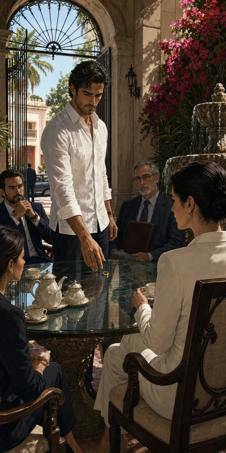 In a bougainvillea courtyard arranged like a tribunal, Max places his wedding ring on Catalina’s glass table while attorneys and a psychiatrist watch and the open iron gate frames daylight behind him.