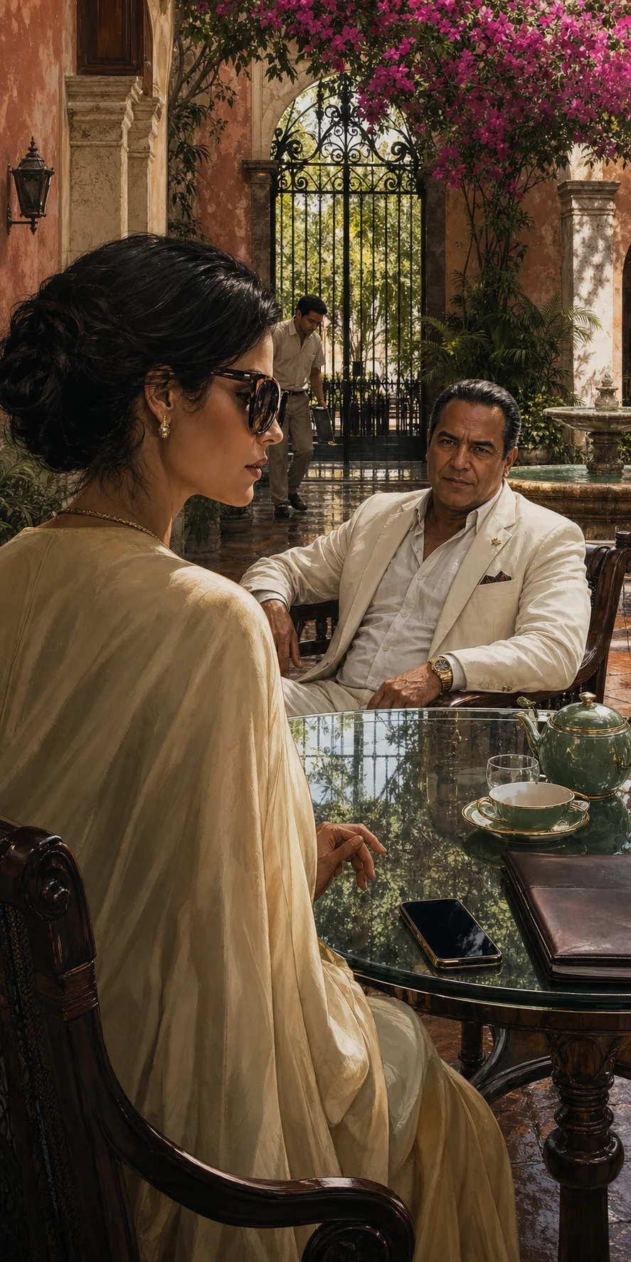 In the humid Casas del XVI courtyard, Catalina studies Minister Castillo through oversized sunglasses as he occupies Max’s empty chair across a glass table holding tea, a closed portfolio, and her unreadable phone.