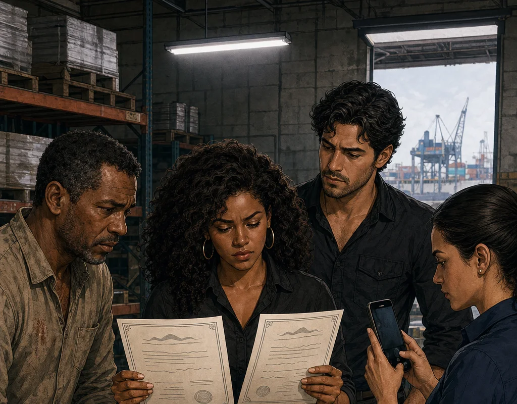 In a Port of Haina warehouse, Sofía compares two forged certificates over an evidence box while Max, Raúl, and engineer Elena Gómez study the capped sprinkler pipe and material samples.