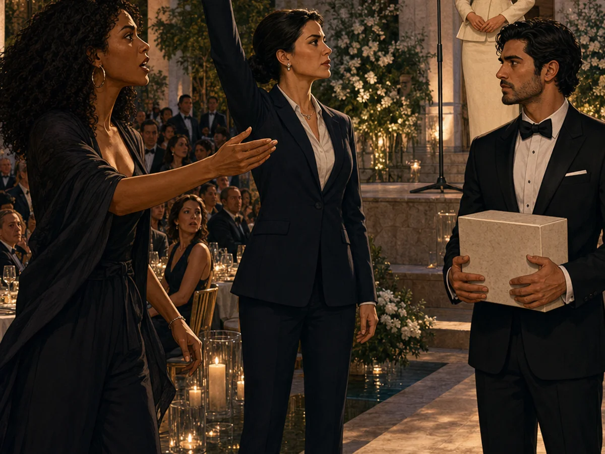 At the Hotel San Nicolás gala, Sofía challenges the stage as inspector Elena raises the suspension order and Max separately holds the sealed sample box while Catalina pauses at the microphone.