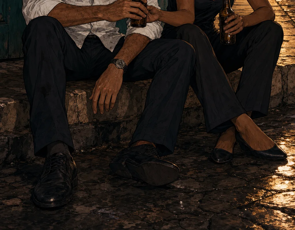 At three in the morning outside Imprenta Mercedes, soot-stained Max and Sofía sit on the damp curb sharing two cold beers in the quiet aftermath.