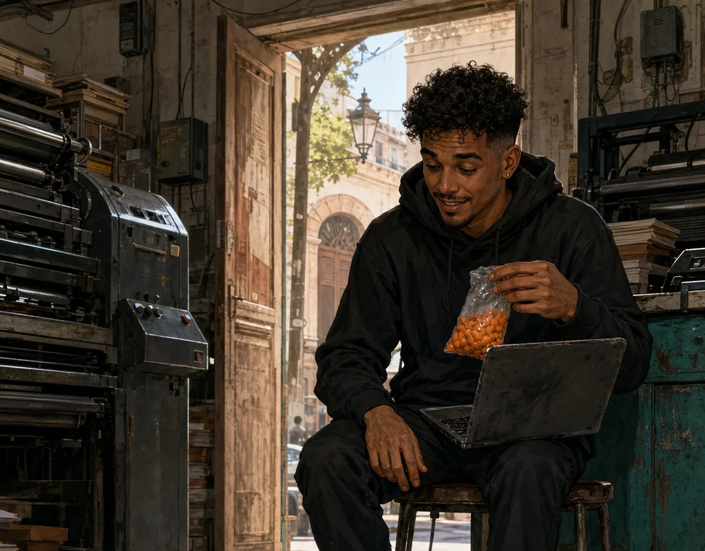 Inside Imprenta Mercedes, exhausted Max wakes with his cheek on bundled recycled cardstock while Tony watches from a stool with a battered laptop and orange snacks.