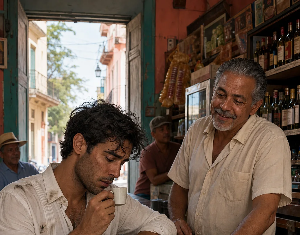 Exhausted in yesterday's rumpled guayabera, Max drinks a tiny espresso at Don Ramón's worn colmado counter as the smiling shopkeeper offers him toasted pan con queso.