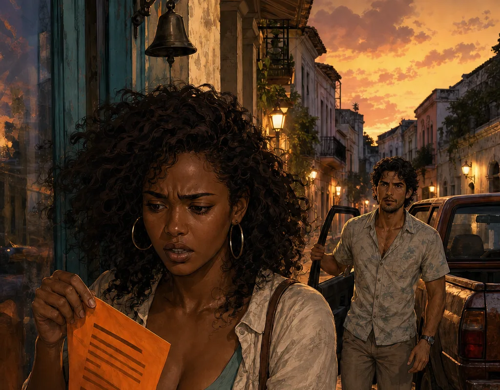 At sunset outside Imprenta Mercedes, Sofía reads a bright-orange legal notice pulled from the glass while Max approaches from their battered pickup.
