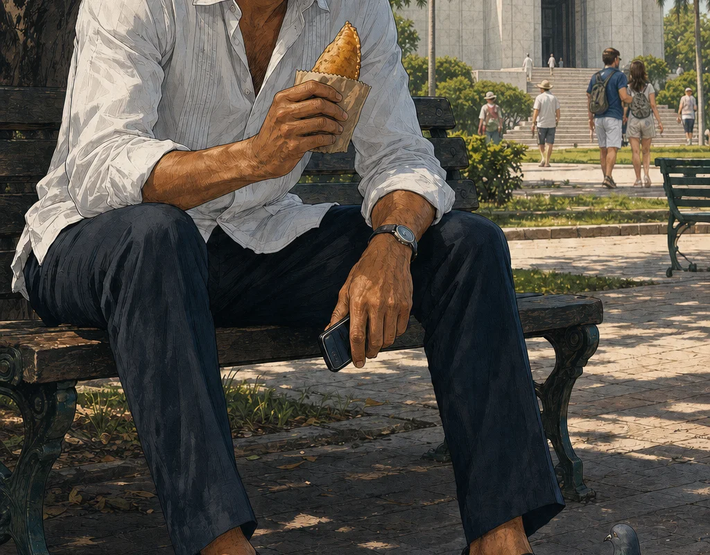 On a Parque Independencia bench in Santo Domingo, Max eats a cheap empanada in scuffed shoes with the white-marble Altar de la Patria behind him.