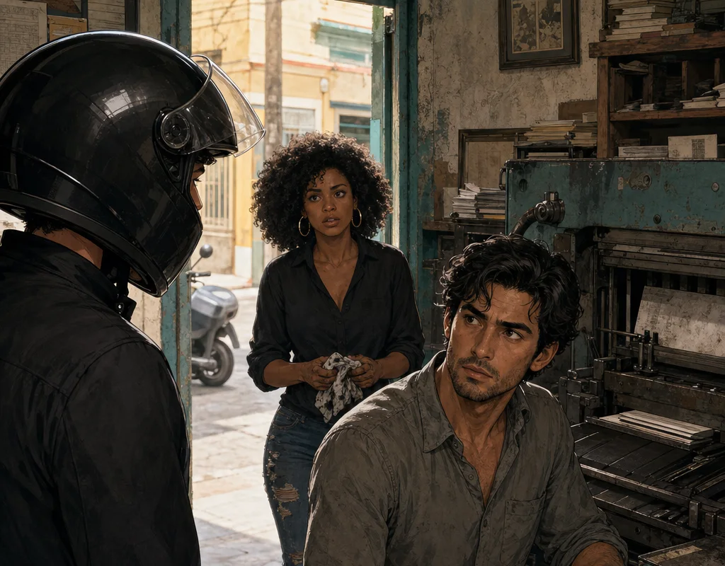 An expensive helmeted courier places a thick cream envelope on the worn Imprenta Mercedes counter while Max pauses his cutter repair and Sofía goes still in the doorway.