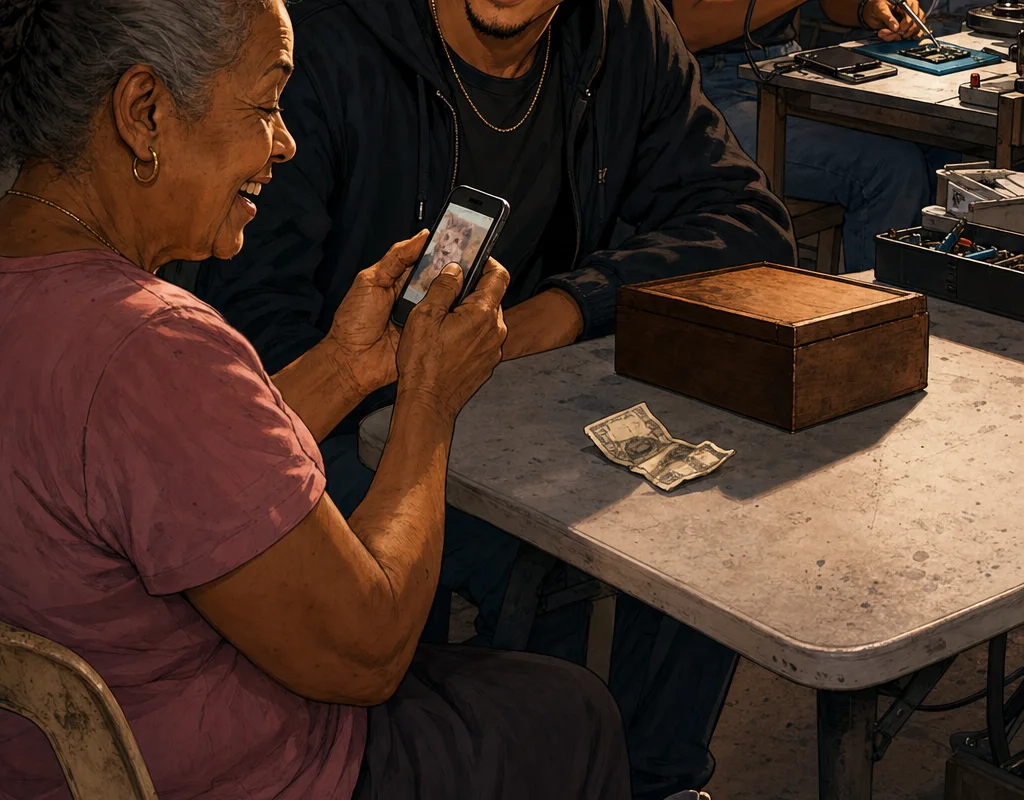 In the Imprenta Mercedes back room, Tony returns an old phone to a delighted grandmother while Yulissa solders a charging port at her repair station.