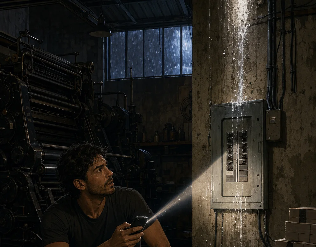 In the dark print shop during a downpour, Max uses a borrowed phone as a flashlight and discovers water streaming toward the Heidelberg press electrical panel.