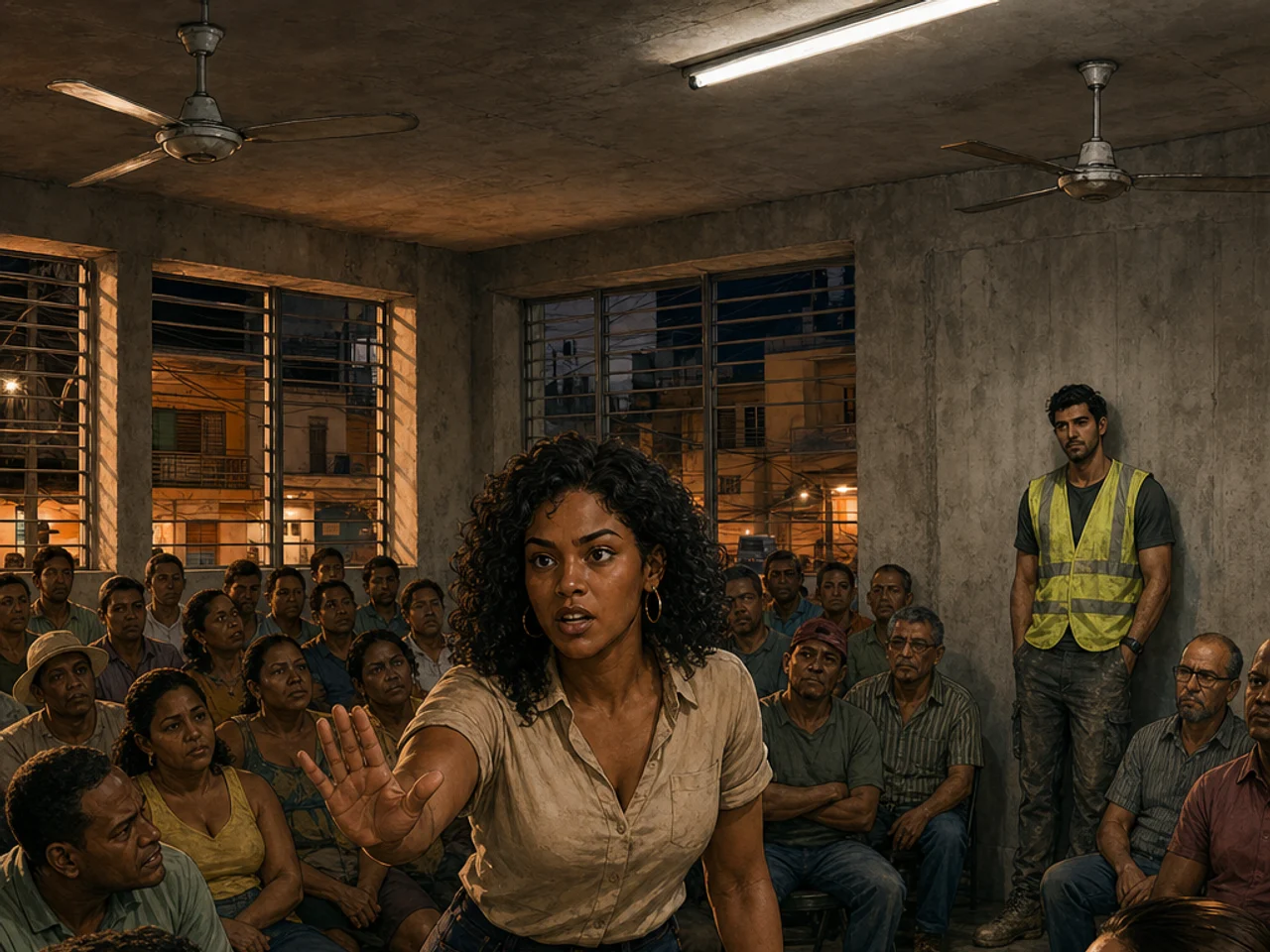 At a tense Santo Domingo community meeting, Sofía rises to call the room to order while Max stands isolated at the rear wall in his dusty neon construction vest.
