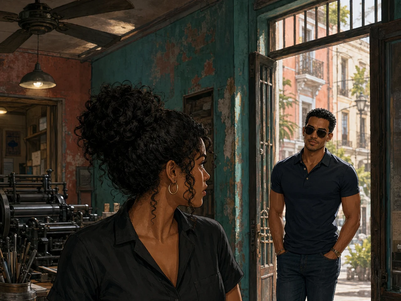 Inside Imprenta Mercedes, Sofía closes the shop ledger and turns guardedly toward Mateo, who has reappeared in the sunlit doorway in sunglasses and a fitted dark polo.