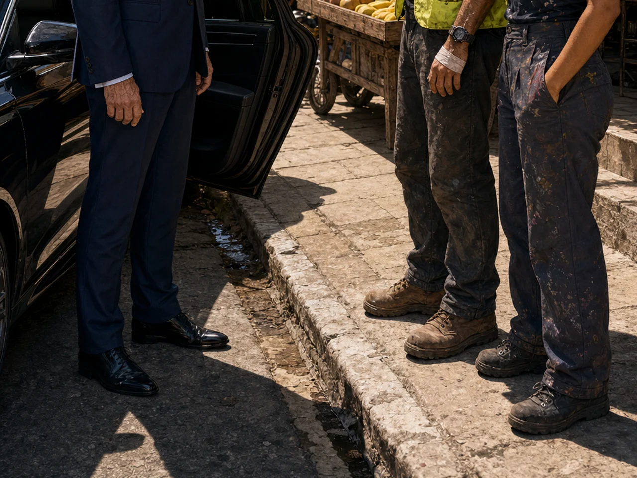 Outside Imprenta Mercedes, Max and Sofía face investor Giovanni Moretti beside his black luxury sedan, with a fruit cart and paused neighbors framing the Santo Domingo street.