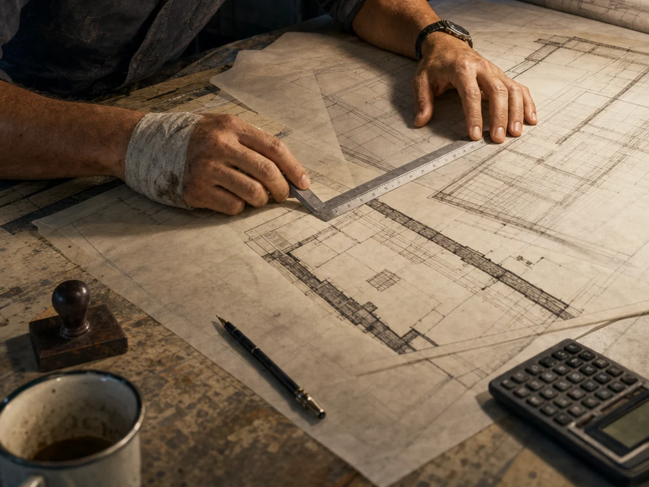 At 2 a.m. in the site trailer, Max aligns translucent hotel and print-shop plans and discovers that a heavy old masonry wall belongs to both structures.