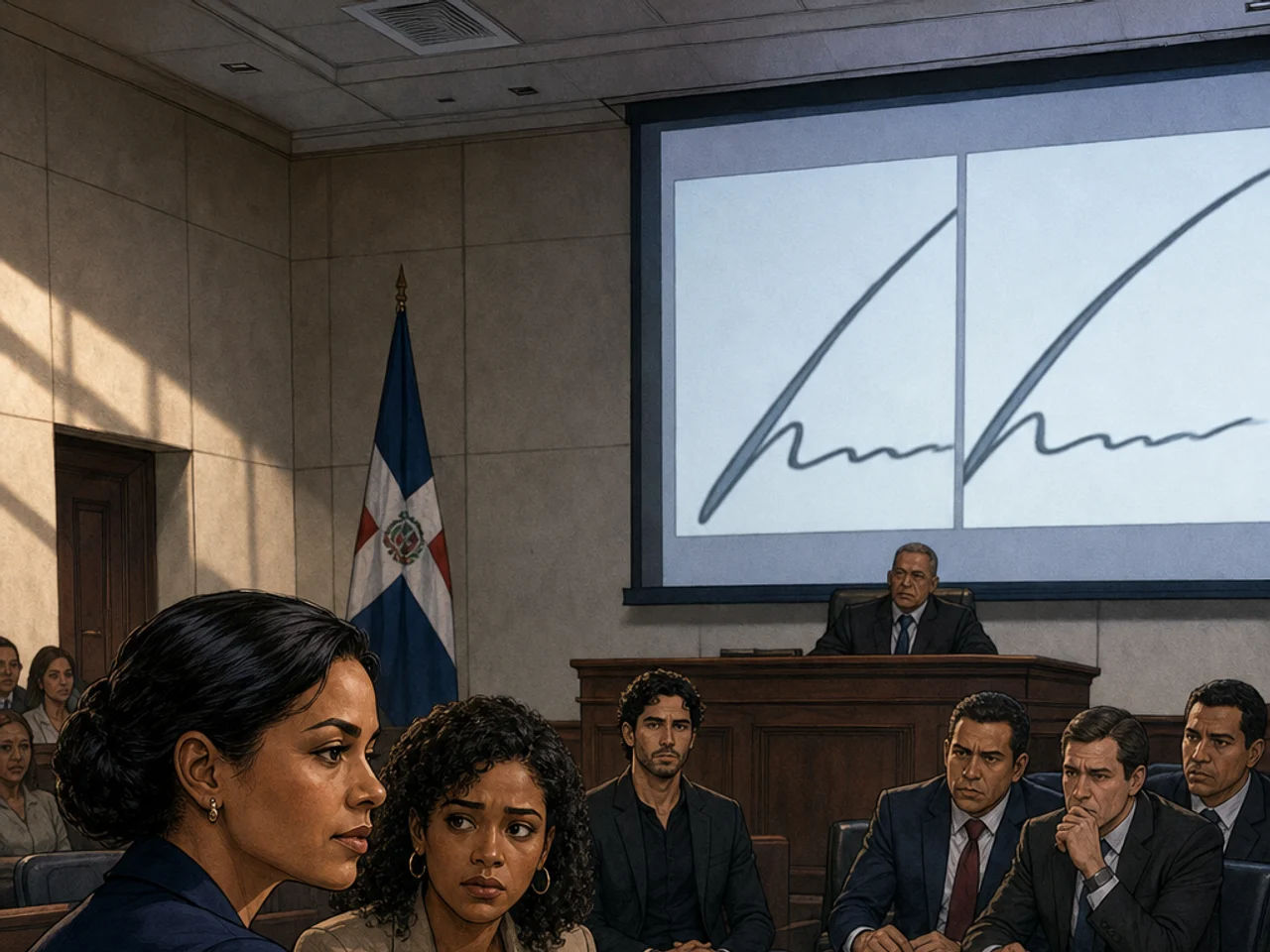In Santo Domingo civil court, Elena Gómez places three evidence folders before the judge while Sofía watches beside her and Max waits behind as an expert witness.