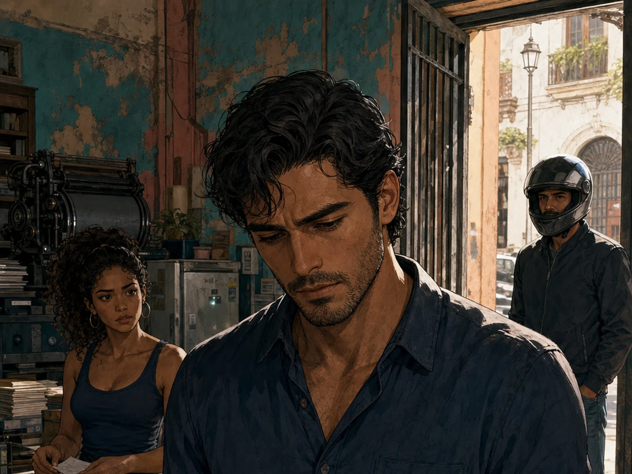 At the Imprenta Mercedes counter, Max studies a grainy photograph of the red vintage sports car inherited from his father while Sofía watches and the helmeted courier waits.