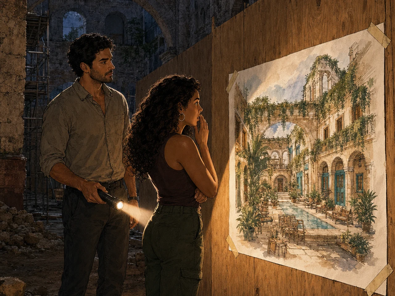 In the moonlit Hotel San Nicolás ruins, Max illuminates a hand-painted restoration vision on plywood while Sofía studies the honest future of the courtyard.