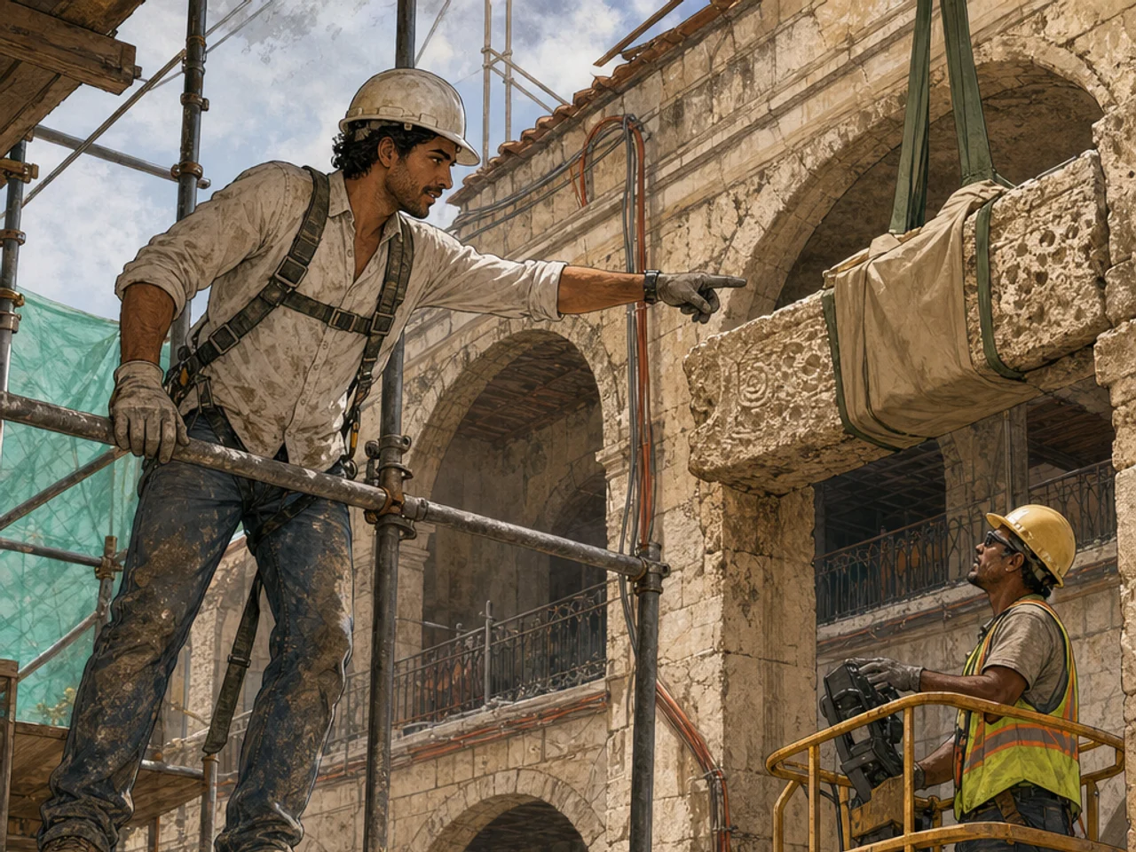 At the active Hotel San Nicolás restoration, Max directs the lift operated by Raúl around an ancient limestone lintel while Sofía crosses the courtyard in a hard hat with her clipboard.