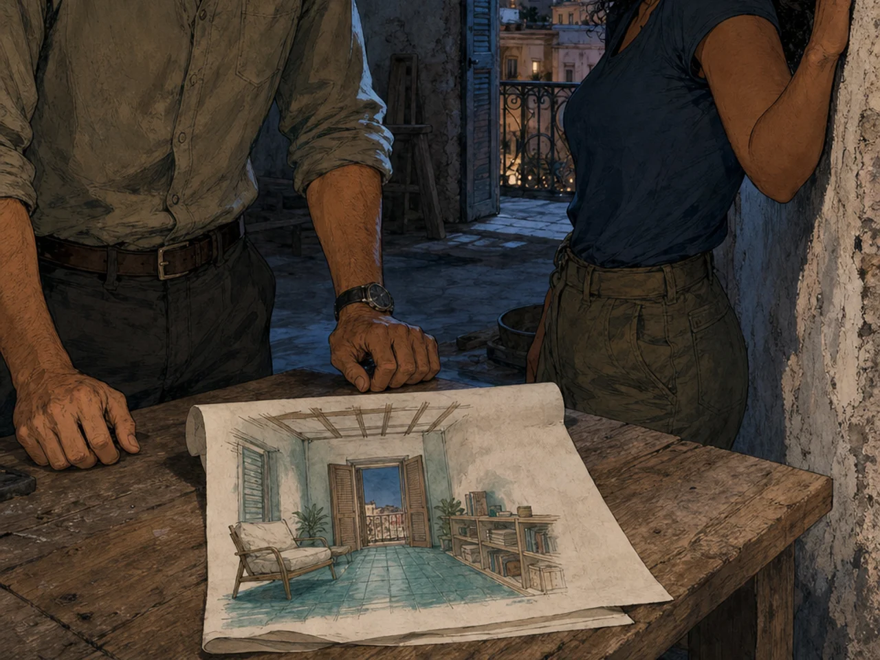 Under the moon in a roofless Hotel San Nicolás room, Max reveals a hand-drawn turquoise interior concept while Sofía laughs warmly against the unfinished wall.