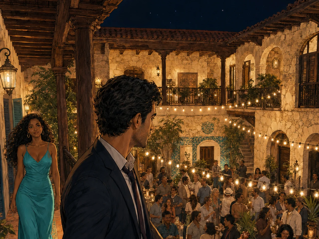 From the restored Hotel San Nicolás balcony, Max overlooks a string-lit neighborhood block party as Sofía approaches in turquoise and Raúl waves from the local buffet.