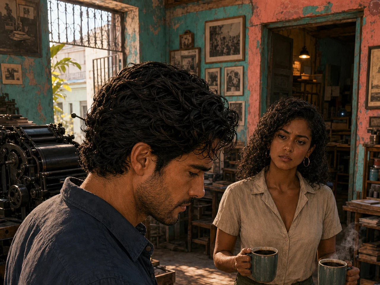 From a natural over-the-shoulder reading angle, Max studies a correctly oriented magazine spread of Catalina and a glass desert resort while Sofía approaches with two coffees.