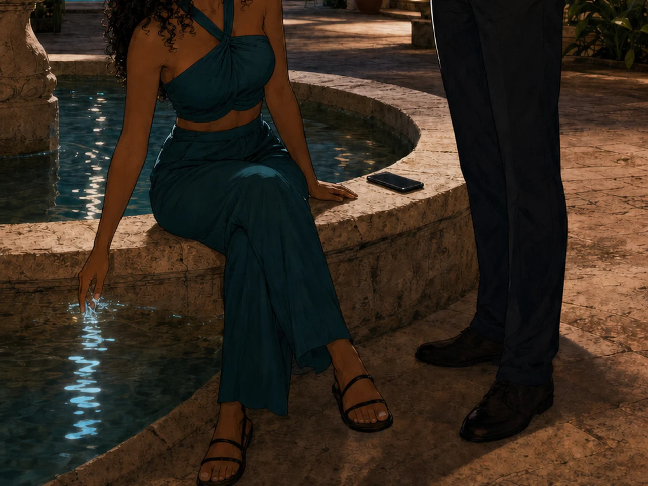 In the moonlit restored hotel courtyard, Sofía trails her fingertips in the fountain while Max extends an open hand to invite the final dance.