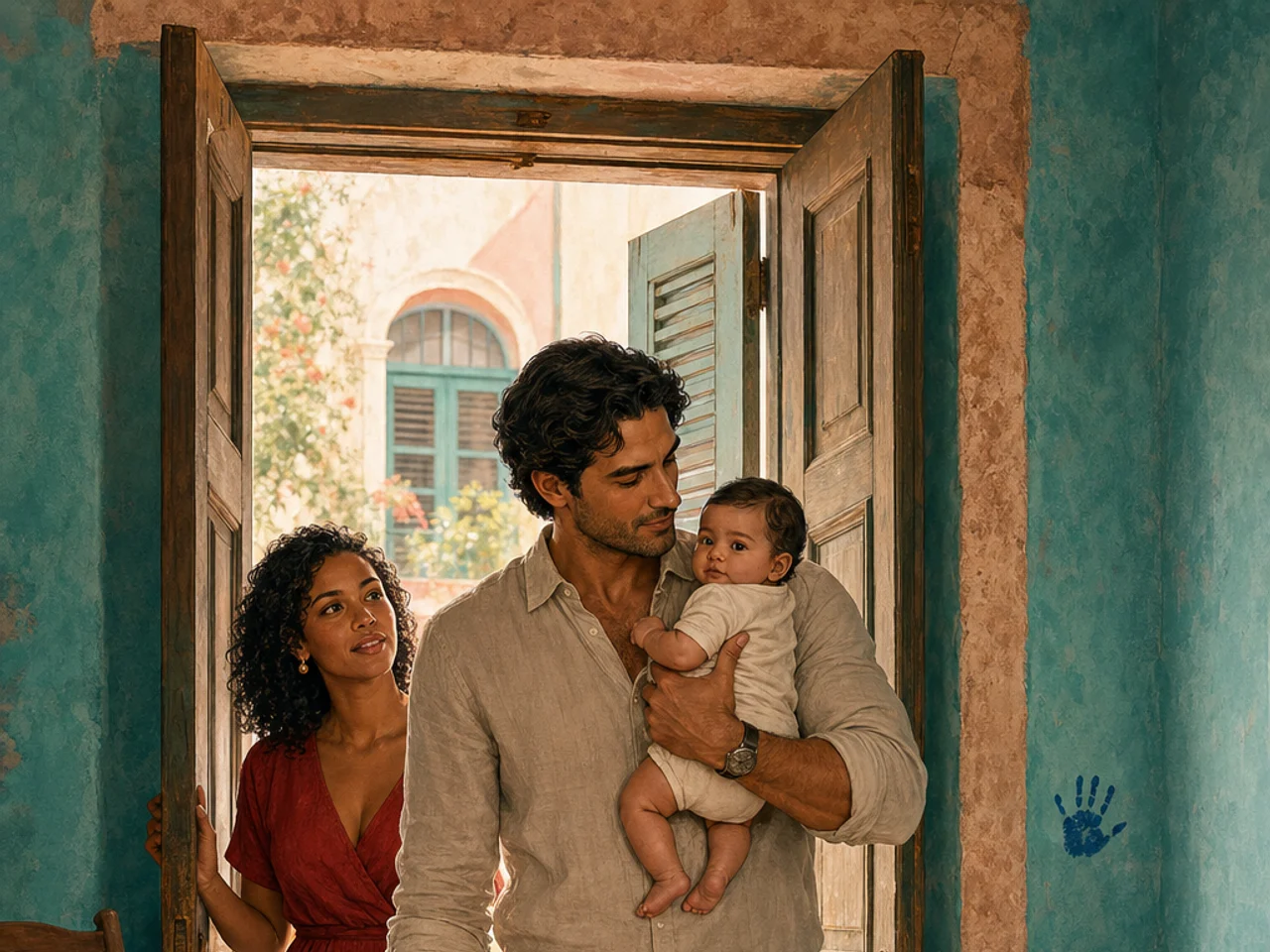 Max enters the lived-in Turquoise Room carrying a diaper bag and safely holding baby Luz while Sofía follows in red beside the preserved blue handprint.