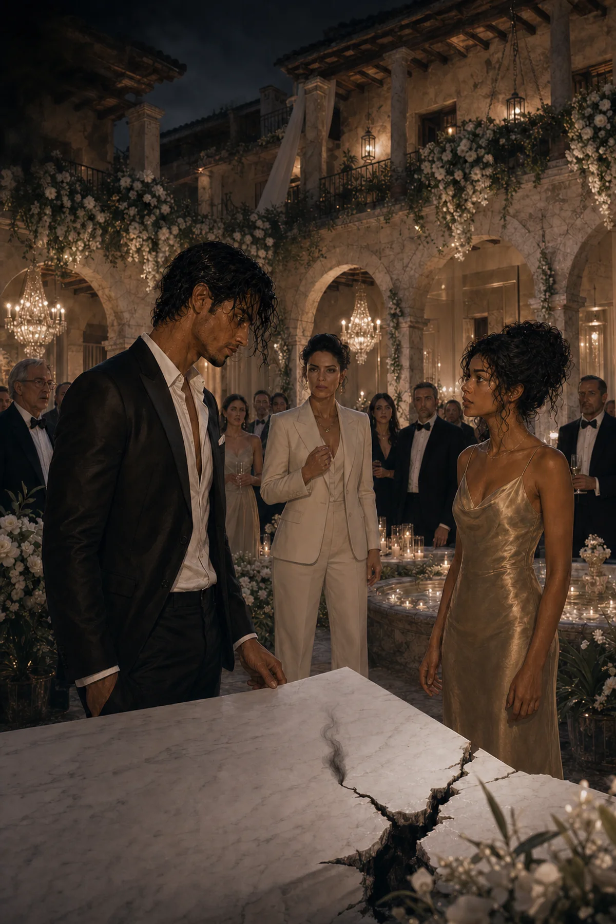 At the Hotel San Nicolás gala, a compact wisp of smoke rises from a cracked white marble slab as Max, Sofía, and Catalina confront the exposed fraud.