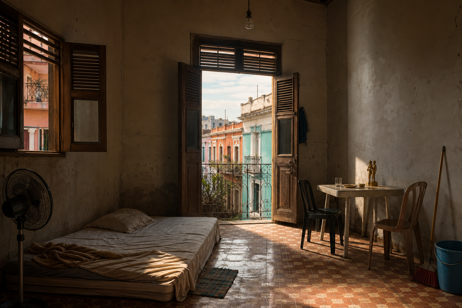 A sparse fourth-floor Zona Colonial apartment with a thin bed, plastic table, mismatched chairs, fan, blue water bucket, and late-afternoon light through open shutters.