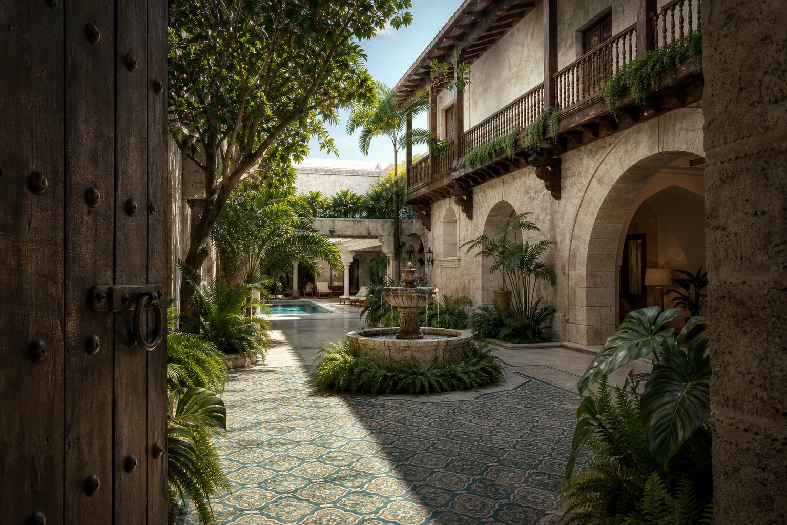 The immaculate Casas del XVI courtyard beyond a heavy wooden gate, with ferns, a stone fountain, patterned tile, timber galleries, and a secluded pool.