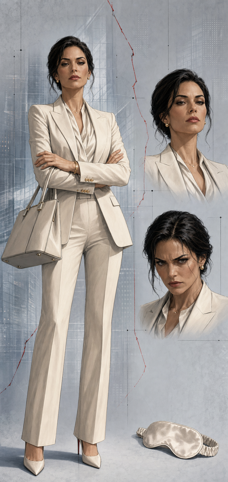 Catalina in immaculate cream tailoring with controlled posture and a sharp gaze.